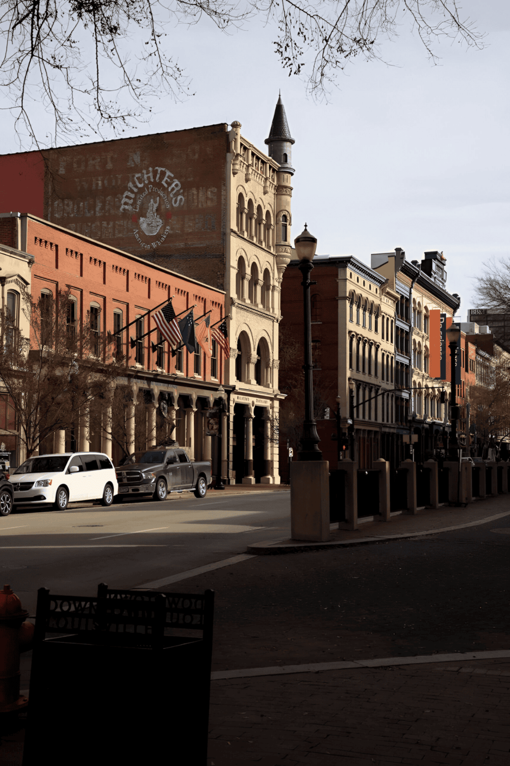 Downtown historic buildings with American flags and vintage architecture in a charming cityscape.