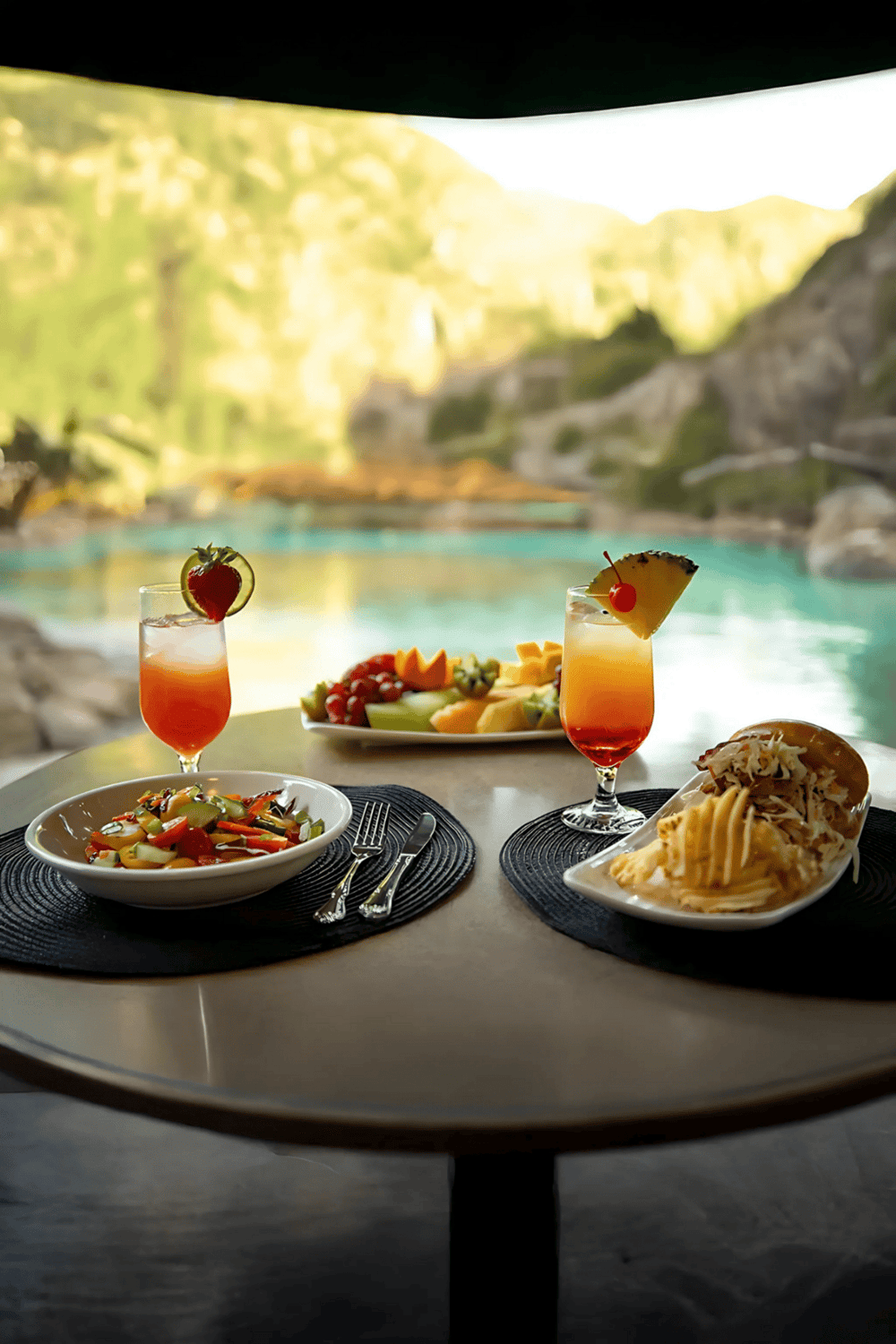 Fresh tropical drinks and delicious food by a scenic river for a perfect outdoor dining experience.