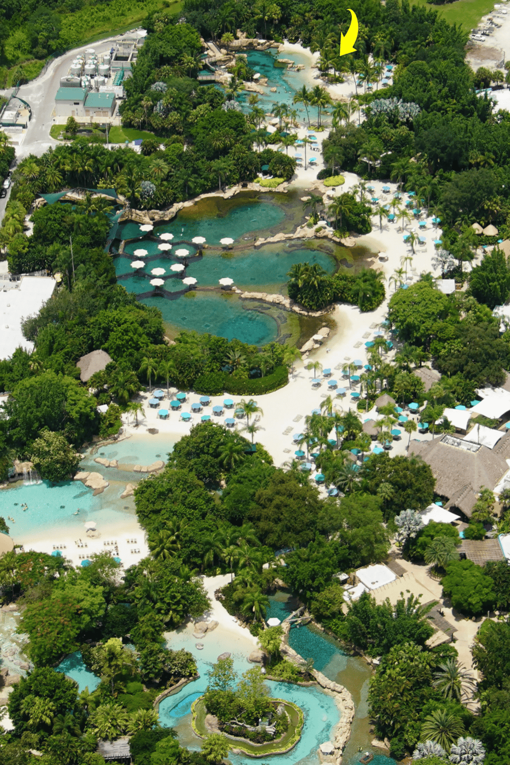 Relaxing tropical water park with pools, lush greenery, and lounge areas at QuestForDirections.