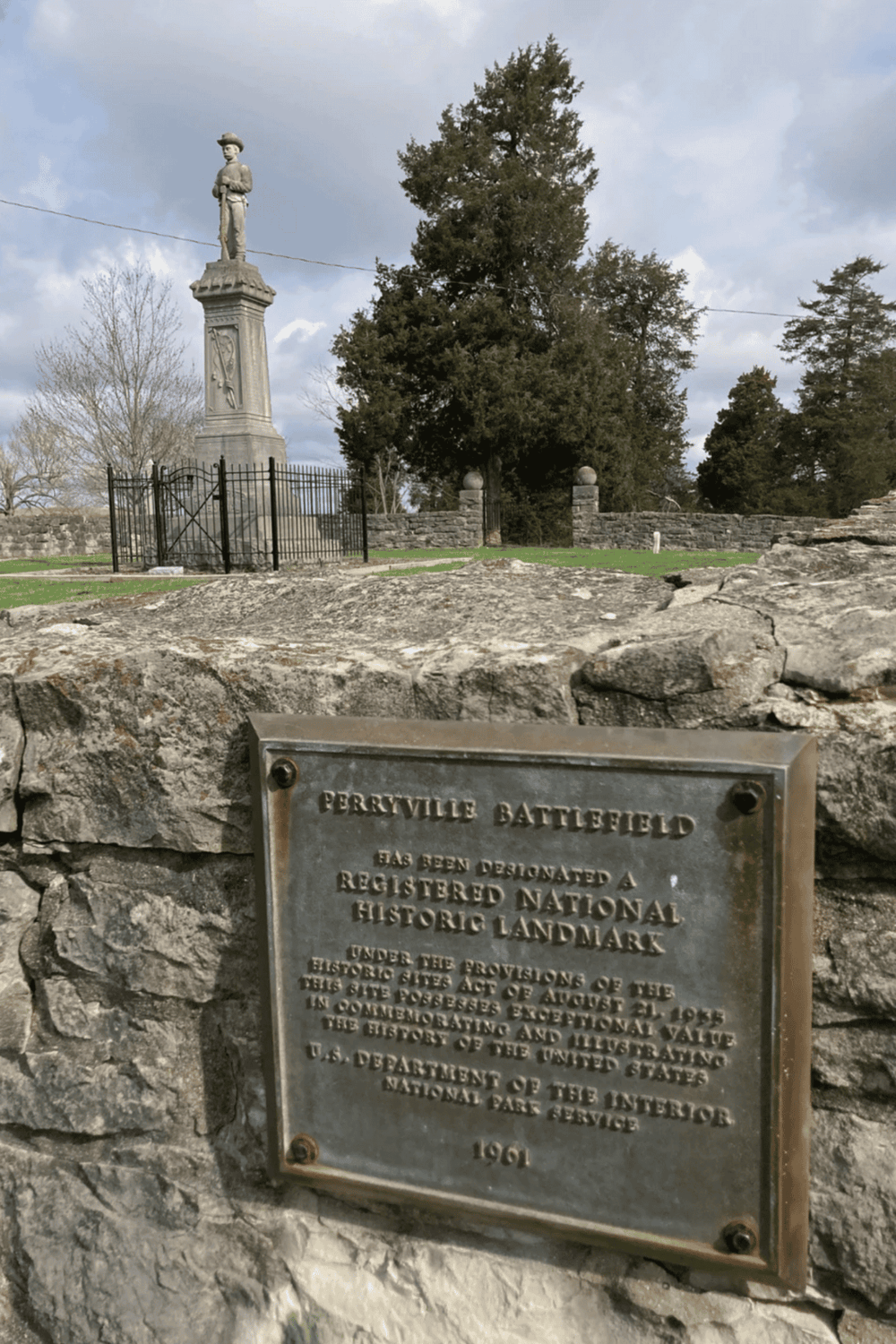 War monument at Perrytville Battlefield, a historic national landmark in Ohio, commemorating U.S. Civil War soldiers.