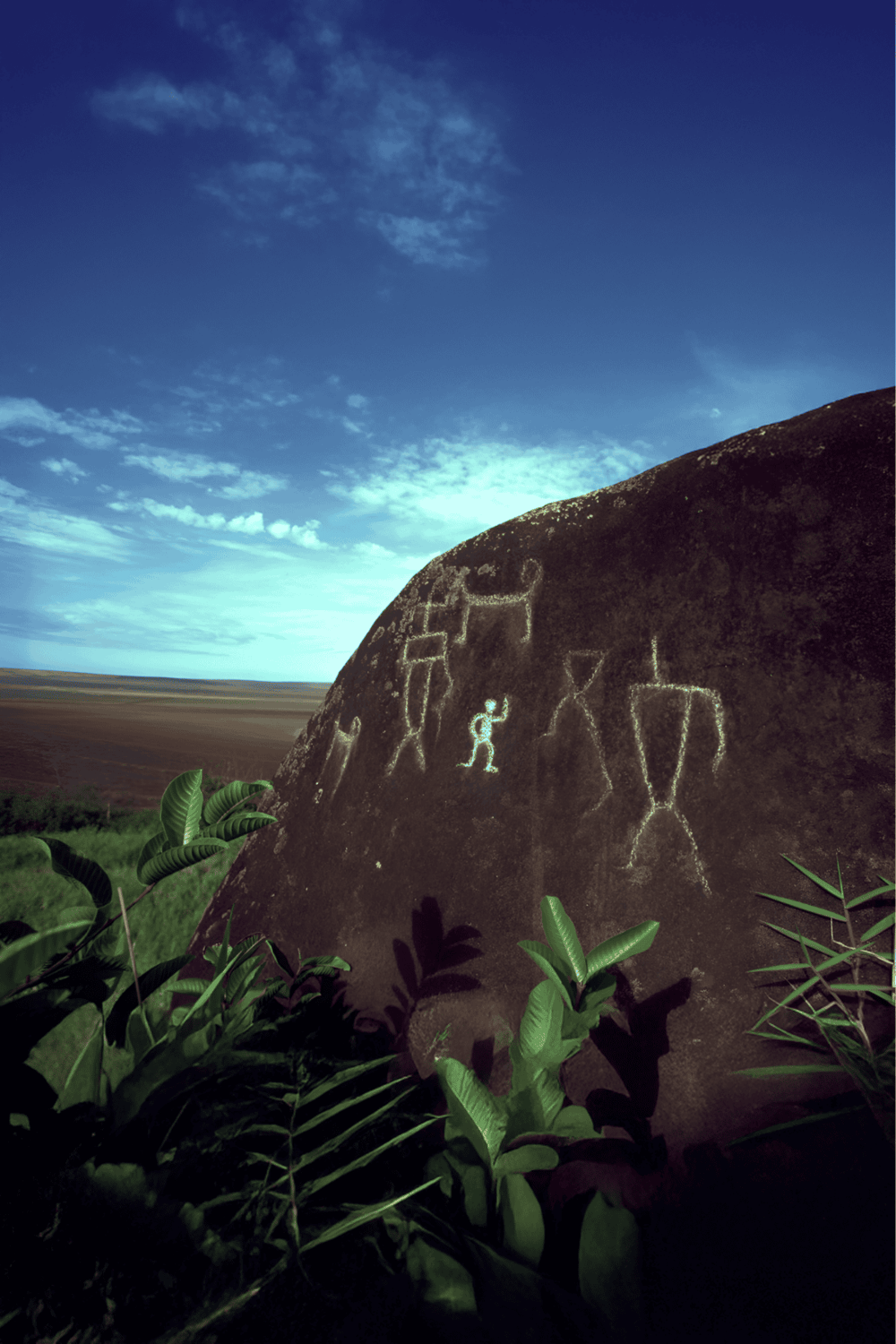 Ancient petroglyphs etched into a large boulder in a scenic outdoor landscape, showcasing cultural history and rock art.