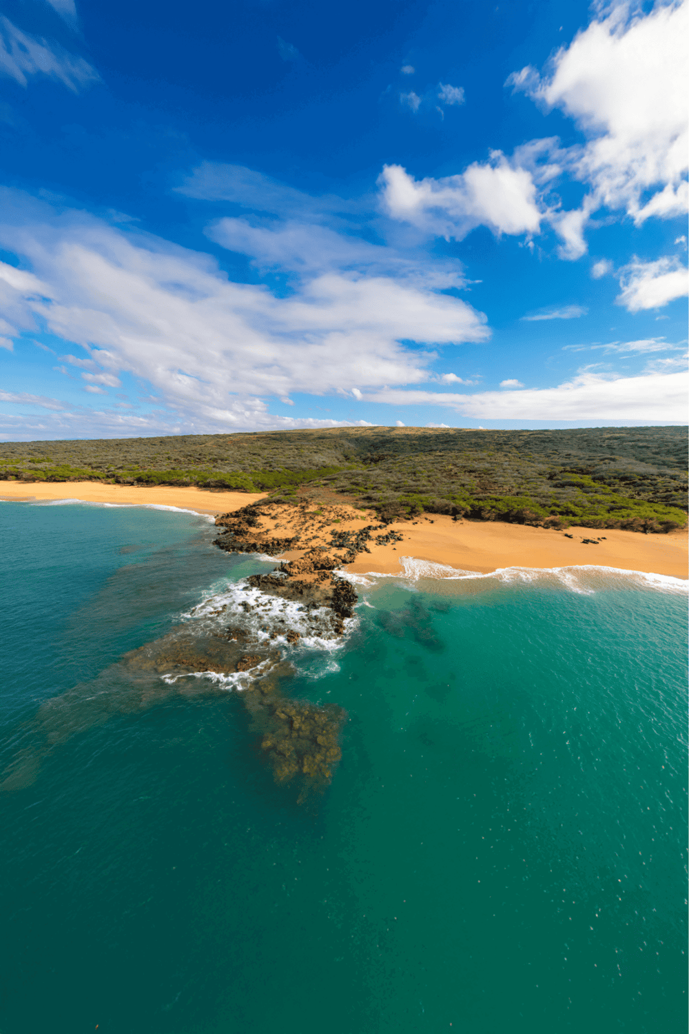 Secluded beach with turquoise waters and green coastal vegetation, perfect for outdoor adventures and travel exploration.