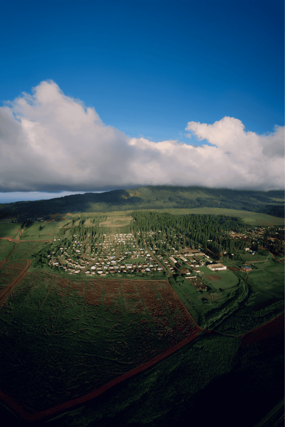 Aerial view of scenic landscape with mountains, trees, and small town, perfect for travel and outdoor adventures.