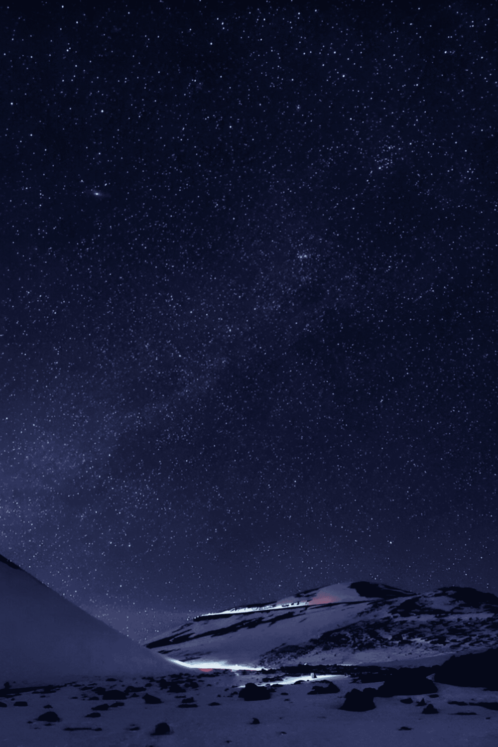 Vast starry night sky over snowy mountain landscape, breathtaking celestial view and outdoor adventure scene.