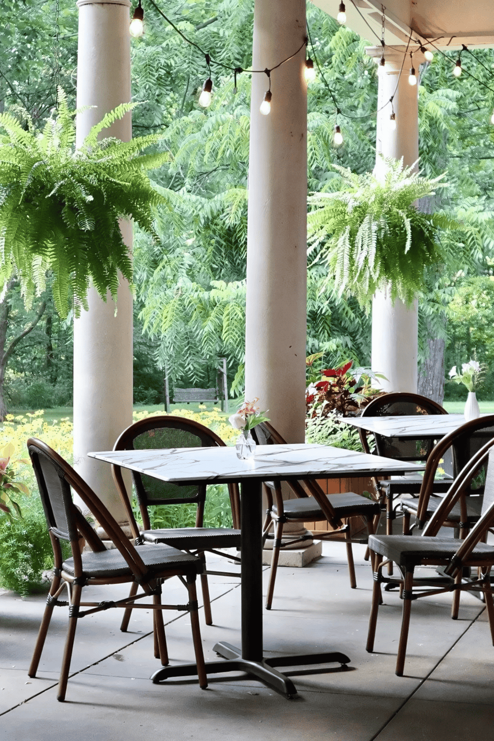 Lush outdoor dining patio with greenery and string lights, perfect for relaxing meals.