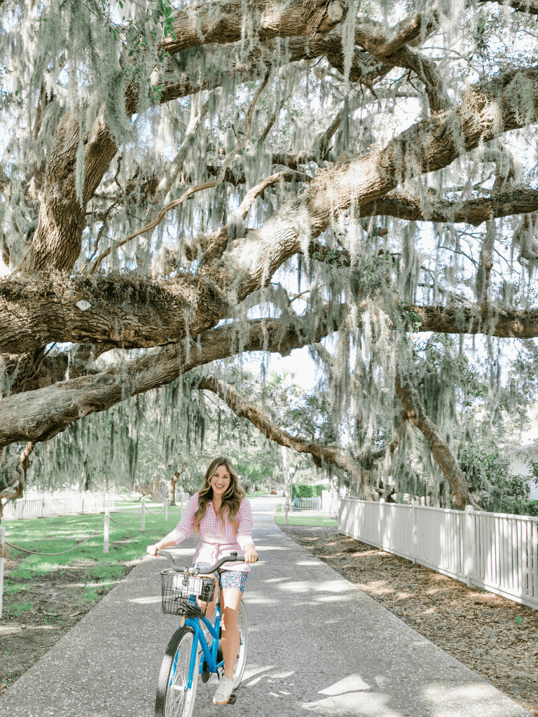 Large outdoor tree with dangling moss and a woman riding a bicycle underneath, in a peaceful park setting.