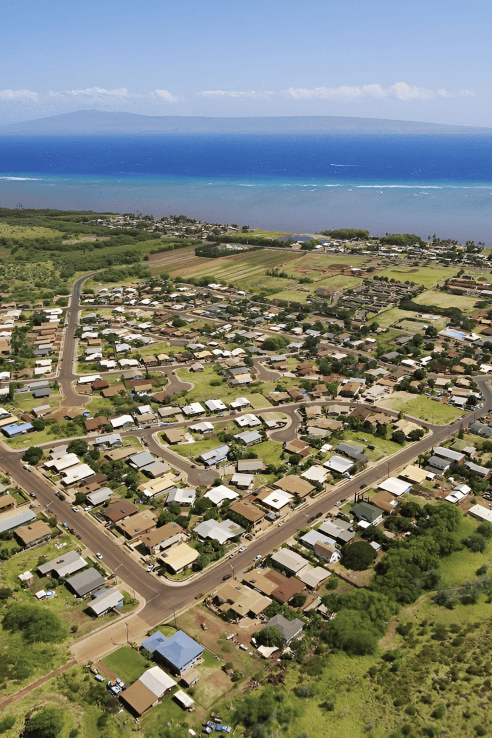 Aerial view of residential neighborhood near the coast with lush greenery and a distant volcano.