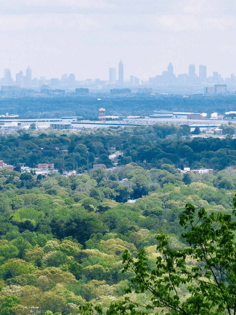 Vibrant green forest with Atlanta skyline in the distance, showcasing urban nature and scenic outlooks.