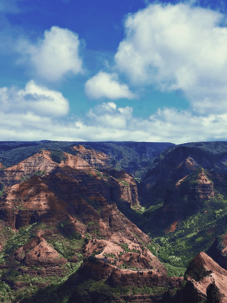 Vast canyon landscape with layered cliffs and lush greenery under a partly cloudy sky.