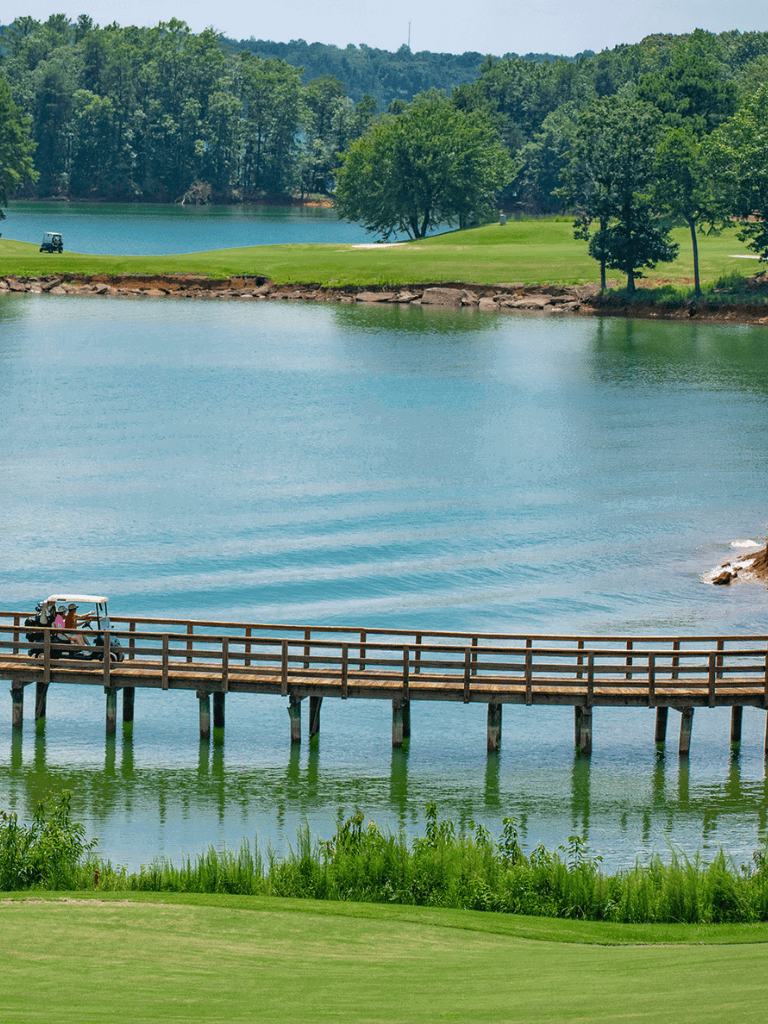 Golf course with water hazard and golf cart, scenic outdoor landscape.