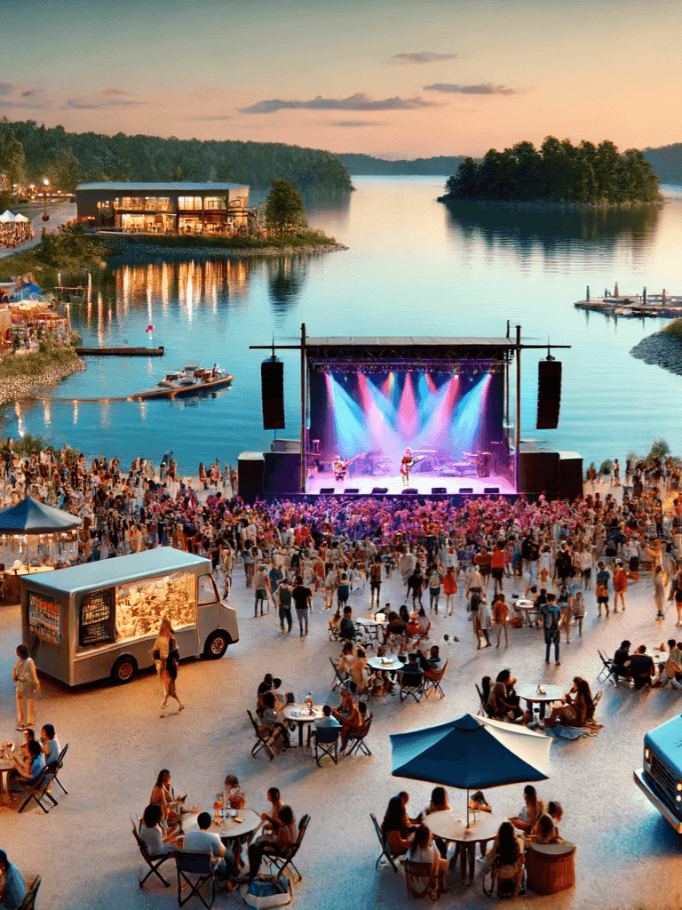 Enjoying live outdoor music concert by the lake at sunset, with scenic view and vibrant atmosphere.