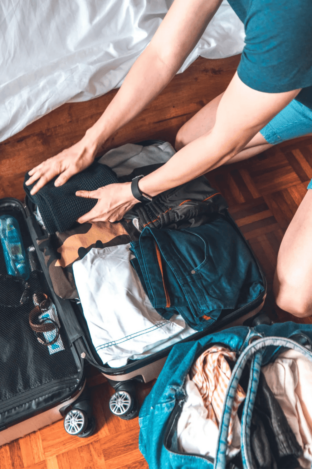 Packed suitcase for travel, packing clothes for trip, travel essentials for journey, backpacking and vacation planning.