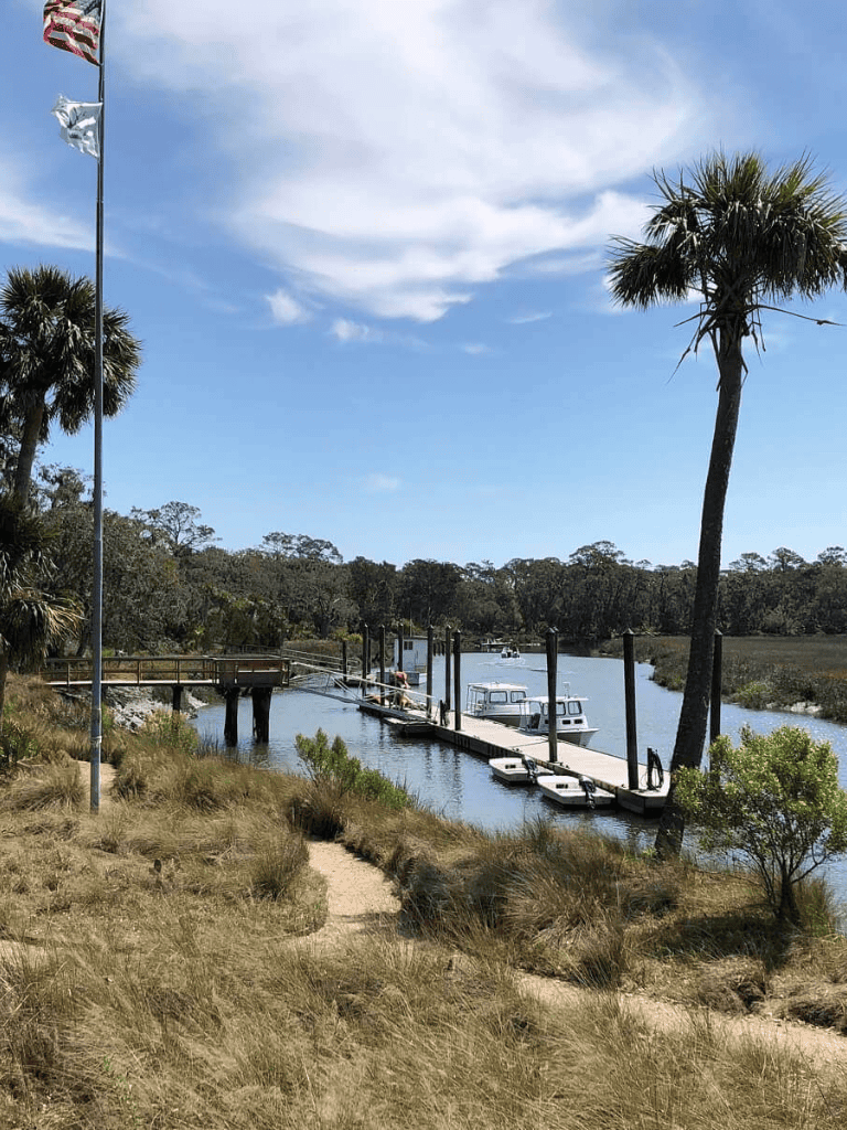Scenic waterway with dock, palm trees, and boats under a blue sky in a peaceful outdoor setting.