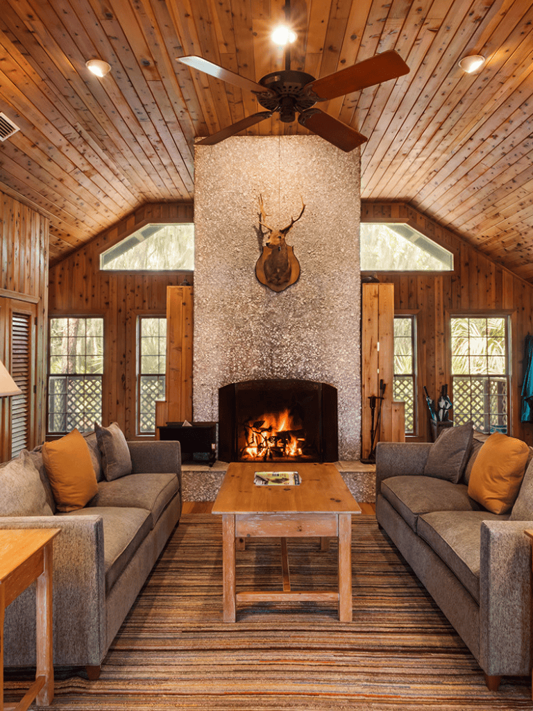 Cozy rustic living room with stone fireplace, wood-paneled ceiling, and deer mount, perfect for mountain retreat stays.