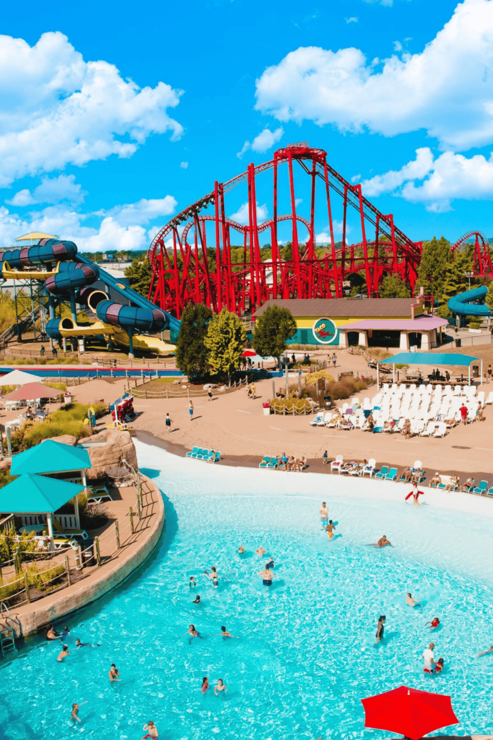 Thrilling amusement park at Quest for Directions with roller coasters and water slides for family fun.