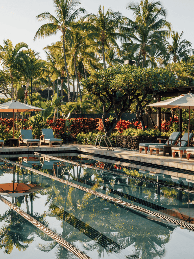 Relaxing tropical poolside oasis with palm trees and sun loungers, perfect for leisure and vacation.