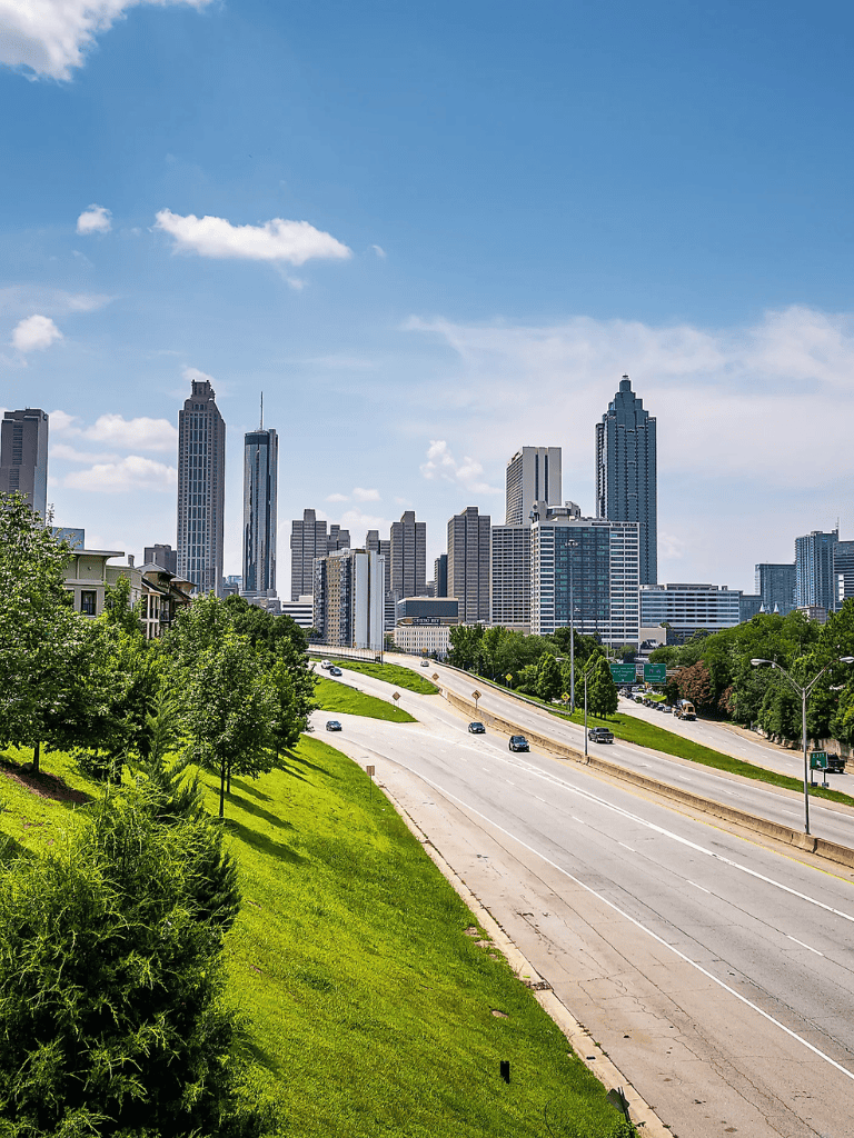 Spacious city skyline with tall buildings and a clear blue sky, showcasing urban landscape and modern architecture.