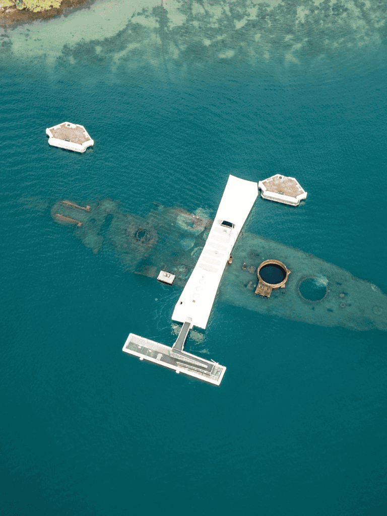 Aerial view of USS Arizona Memorial at Pearl Harbor, Hawaii.