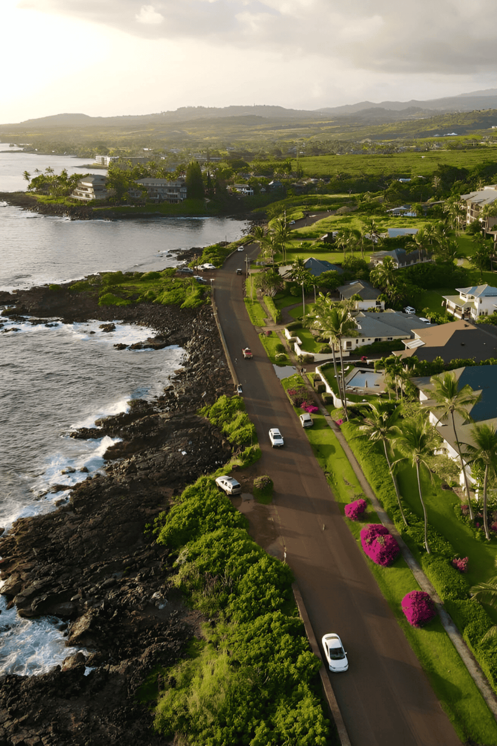 Luxury coastal homes in Hawaii along scenic shoreline with lush greenery and ocean views.