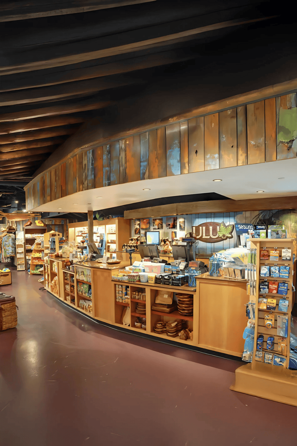 Vibrant store counter at QuestForDirections featuring tropical-themed souvenirs and accessories.