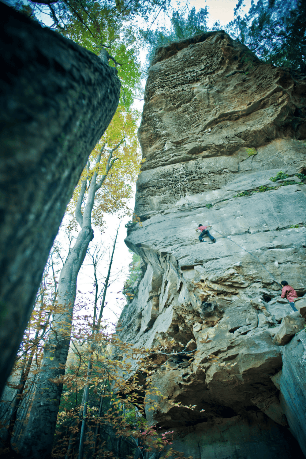 Climbers on rock climbing wall in outdoor nature setting.