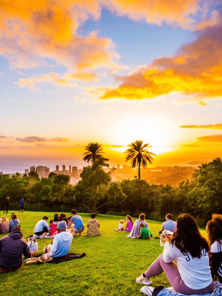 Sunset over park with people enjoying outdoor movie night, palm trees, and city skyline in the background.