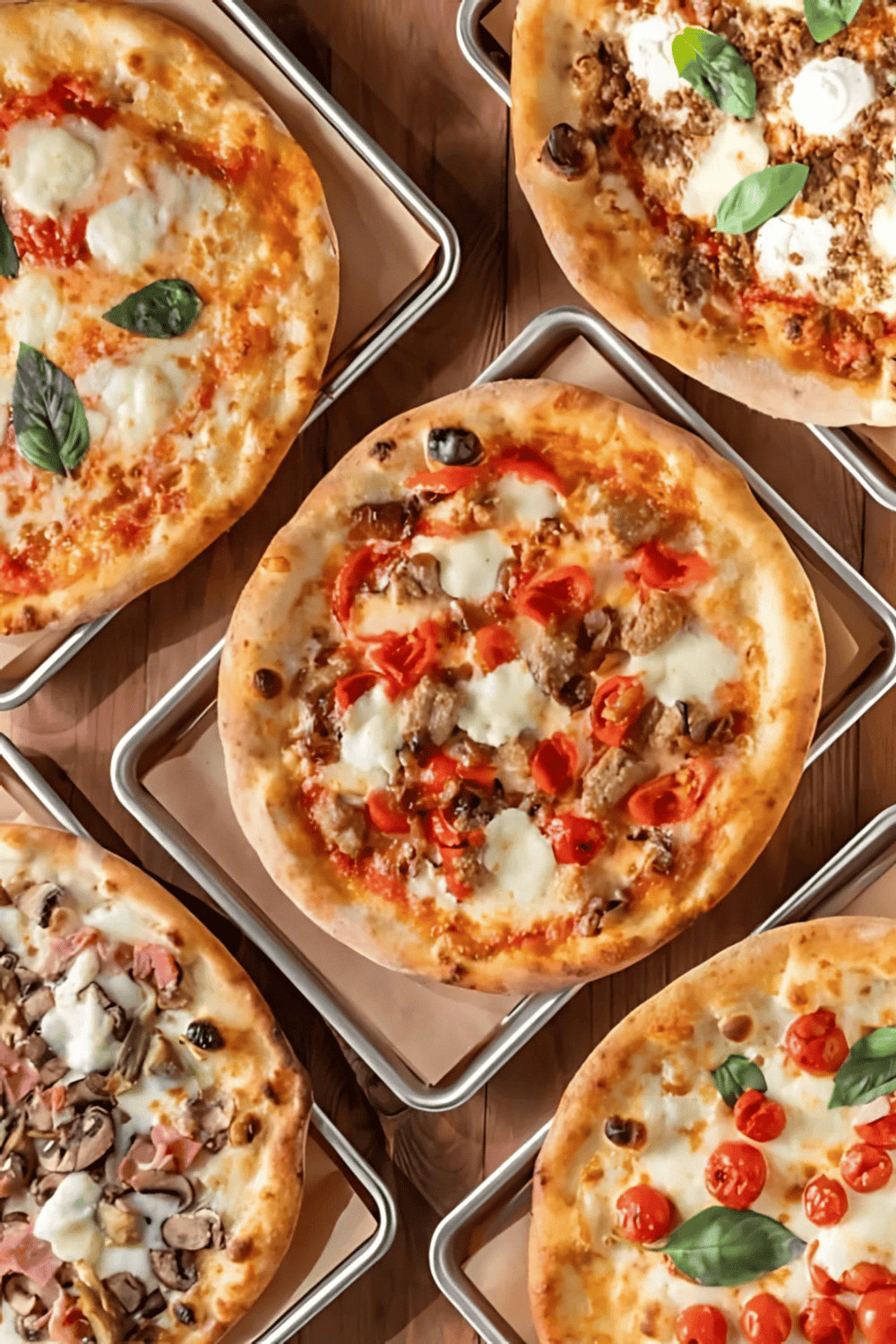 Thin crust pizza with fresh toppings including cherry tomatoes, basil, cheese, and assorted vegetables, served on metal trays.