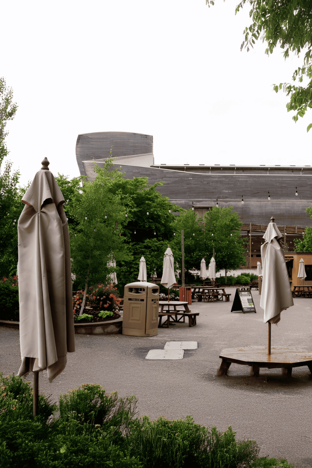 Relaxed outdoor seating area at Quest For Directions, featuring umbrellas and lush greenery.