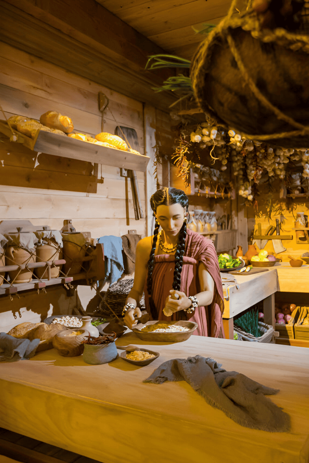 Ancient pottery and traditional crafts in a rustic artisan workshop.