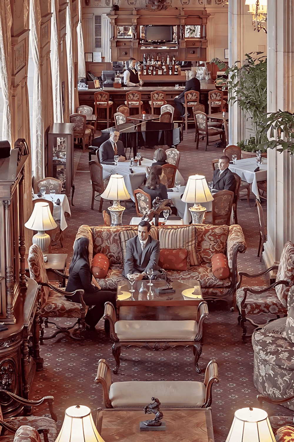 Quiet upscale hotel bar and lounge with elegant decor and patrons enjoying drinks and conversation.