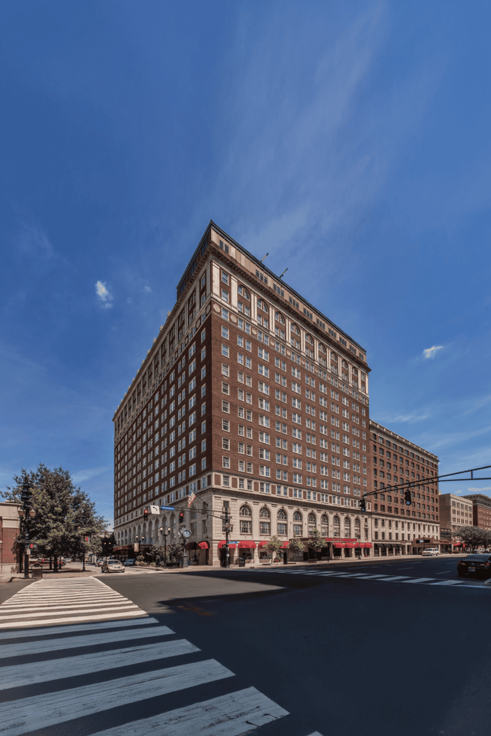 Historic downtown building in Memphis Tennessee with vibrant city street view.