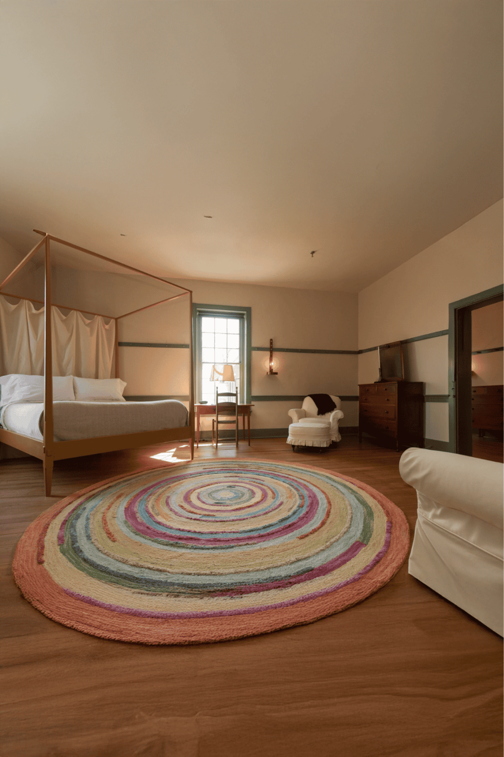 Cozy bedroom with colorful circular rug, four-poster bed, armchair, and wooden furniture. Ideal for restful stay and relaxation.