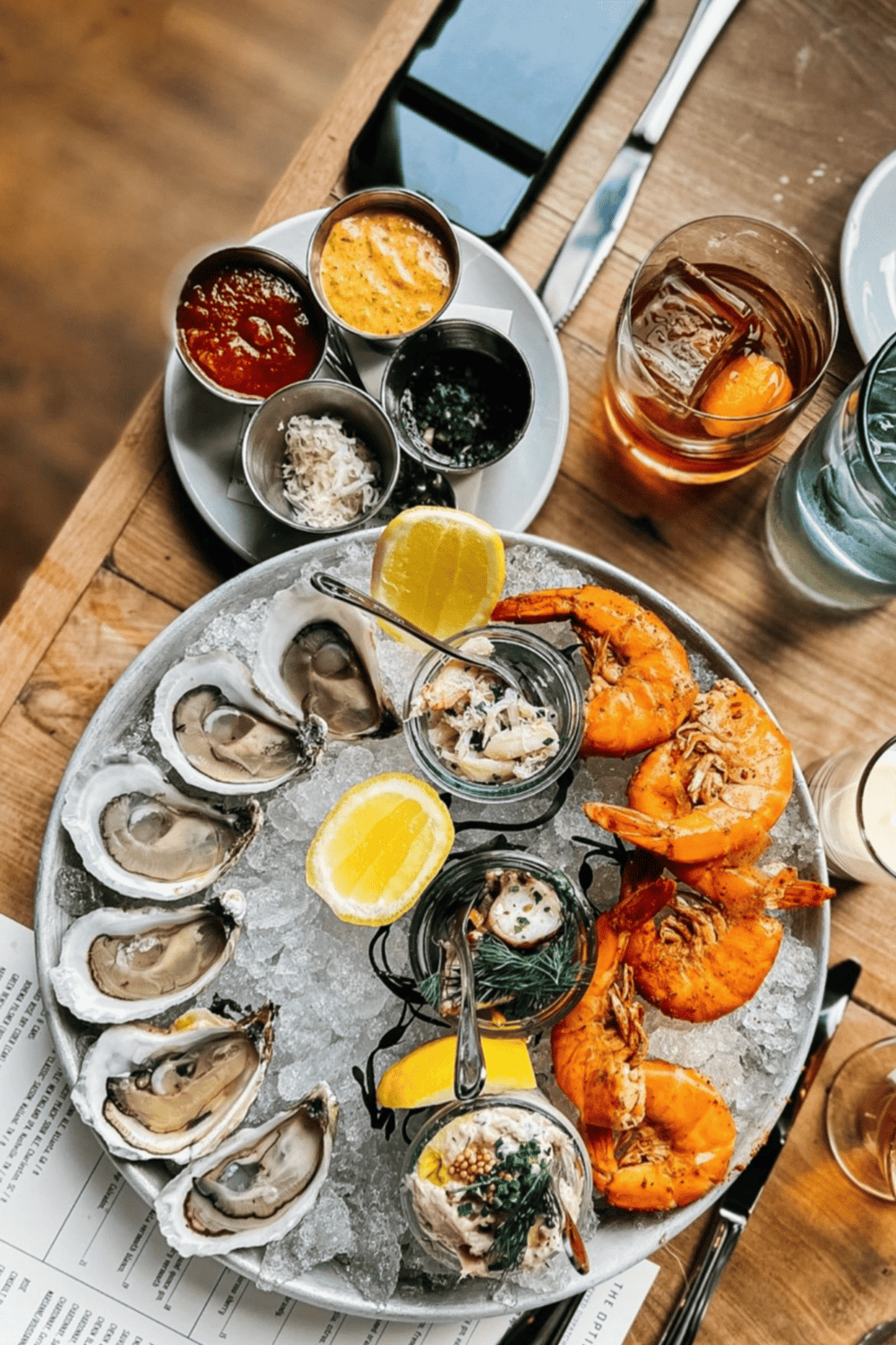 Fresh seafood platter with oysters, shrimp, lemon wedges, and dipping sauces at a seafood restaurant.