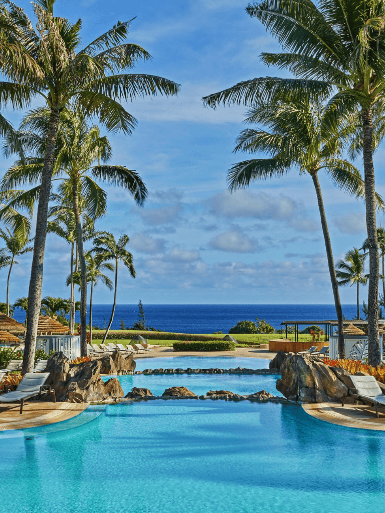 Luxurious tropical resort with swimming pool, palm trees, ocean view, and sunny sky.