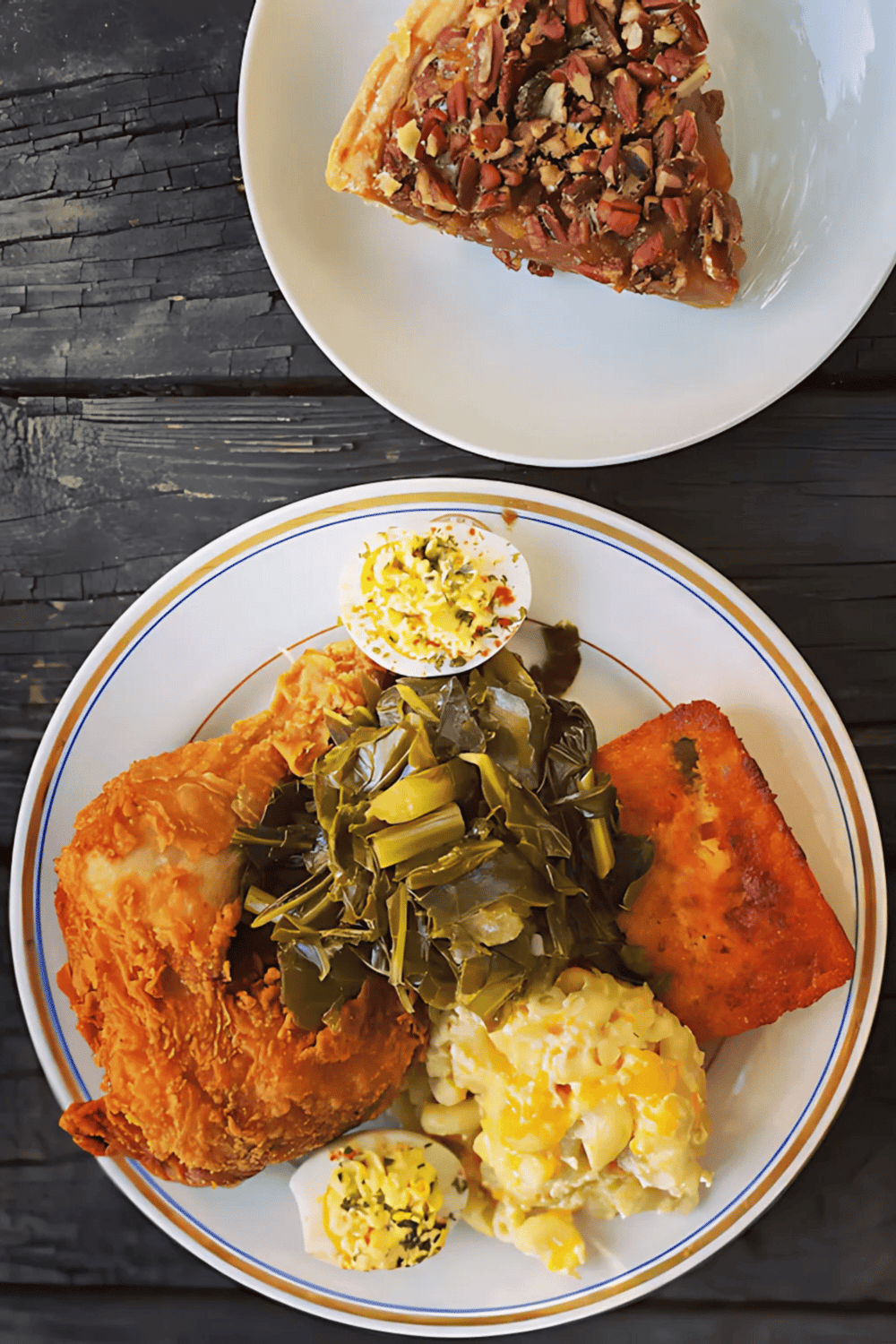 Buttered Fried Chicken with Collard Greens and Cornbread, Classic Southern Soul Food Meal.