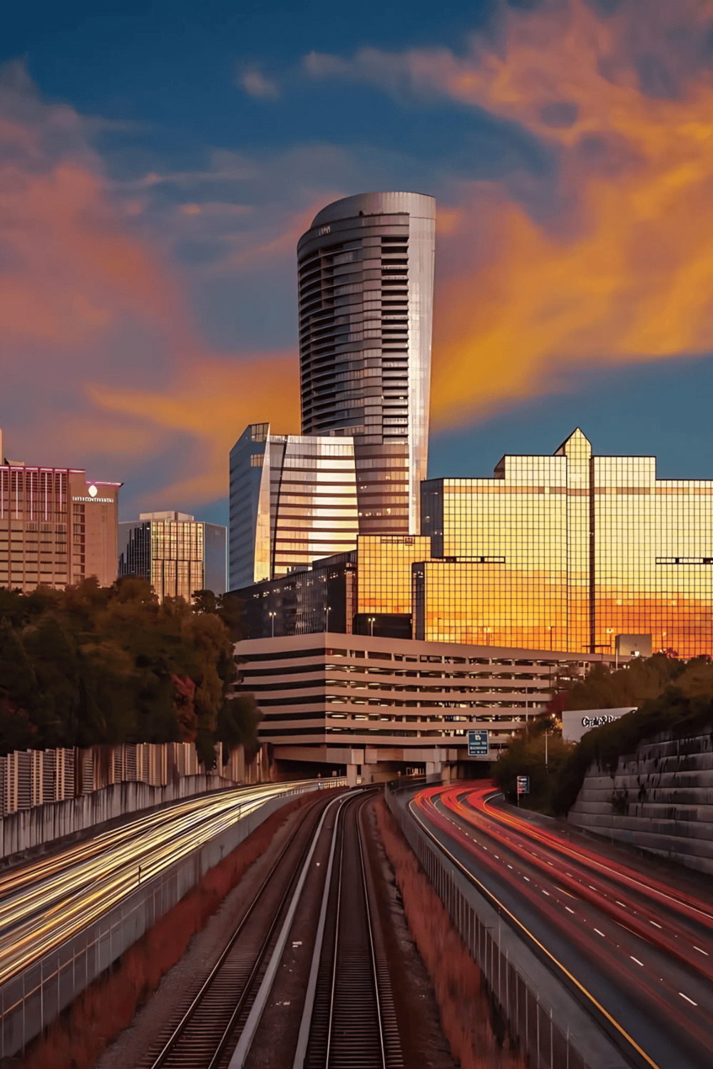 Bright city skyline with skyscrapers during sunset, urban architecture, and highway light trails.