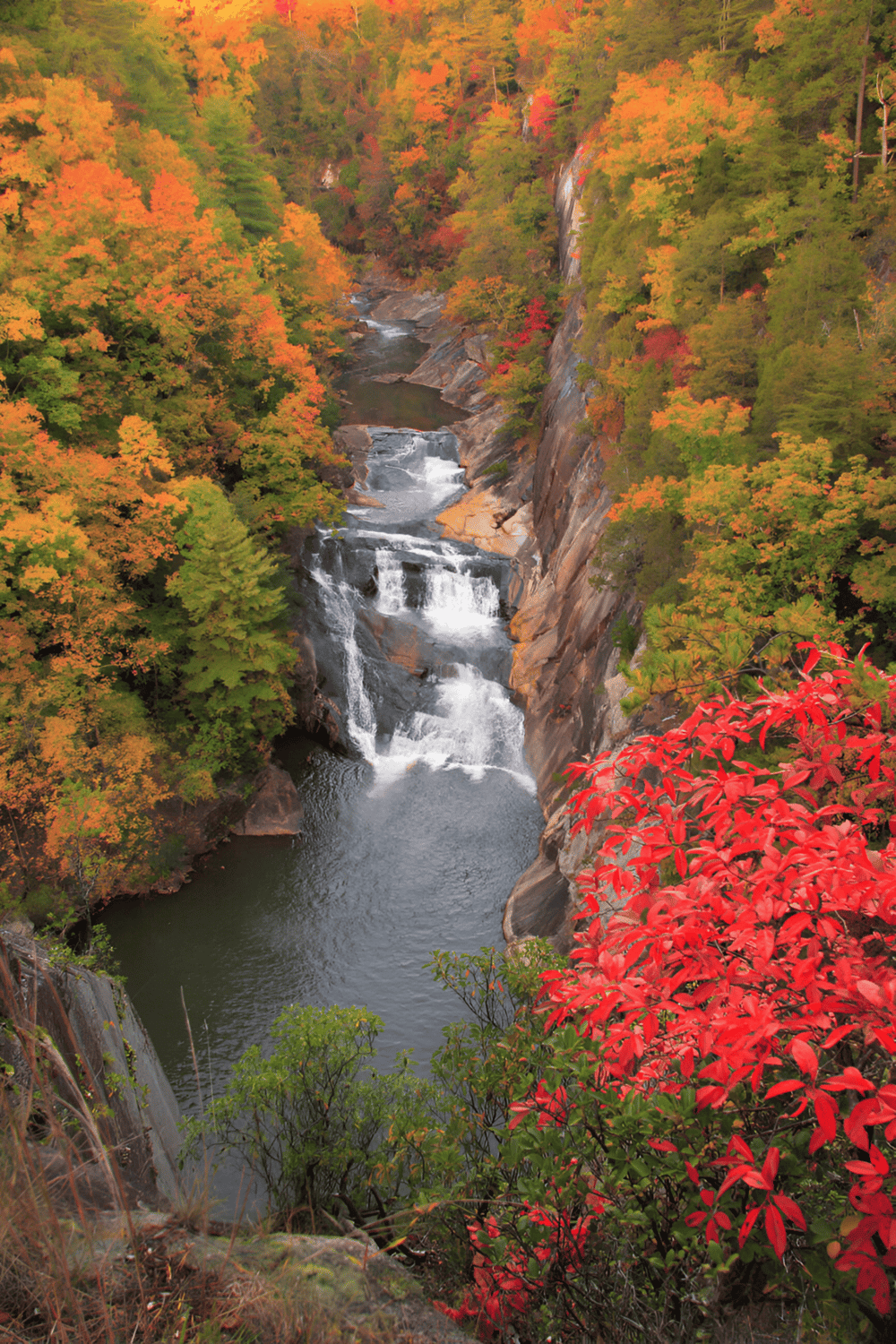 Vibrant autumn foliage surrounding scenic waterfall at QuestForDirections.