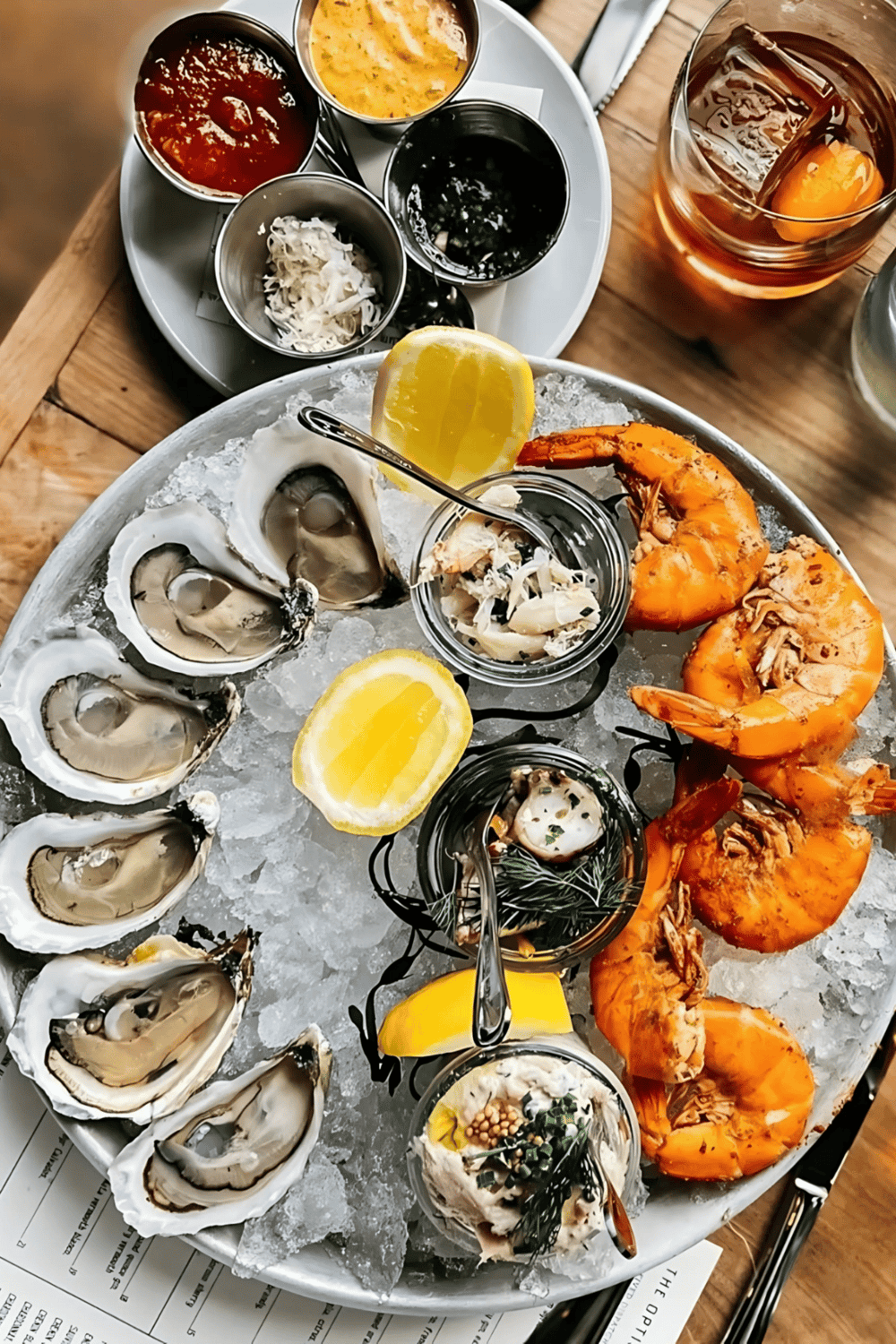 Fresh seafood platter with oysters, shrimp, and lemon wedges, served on ice with dipping sauces.