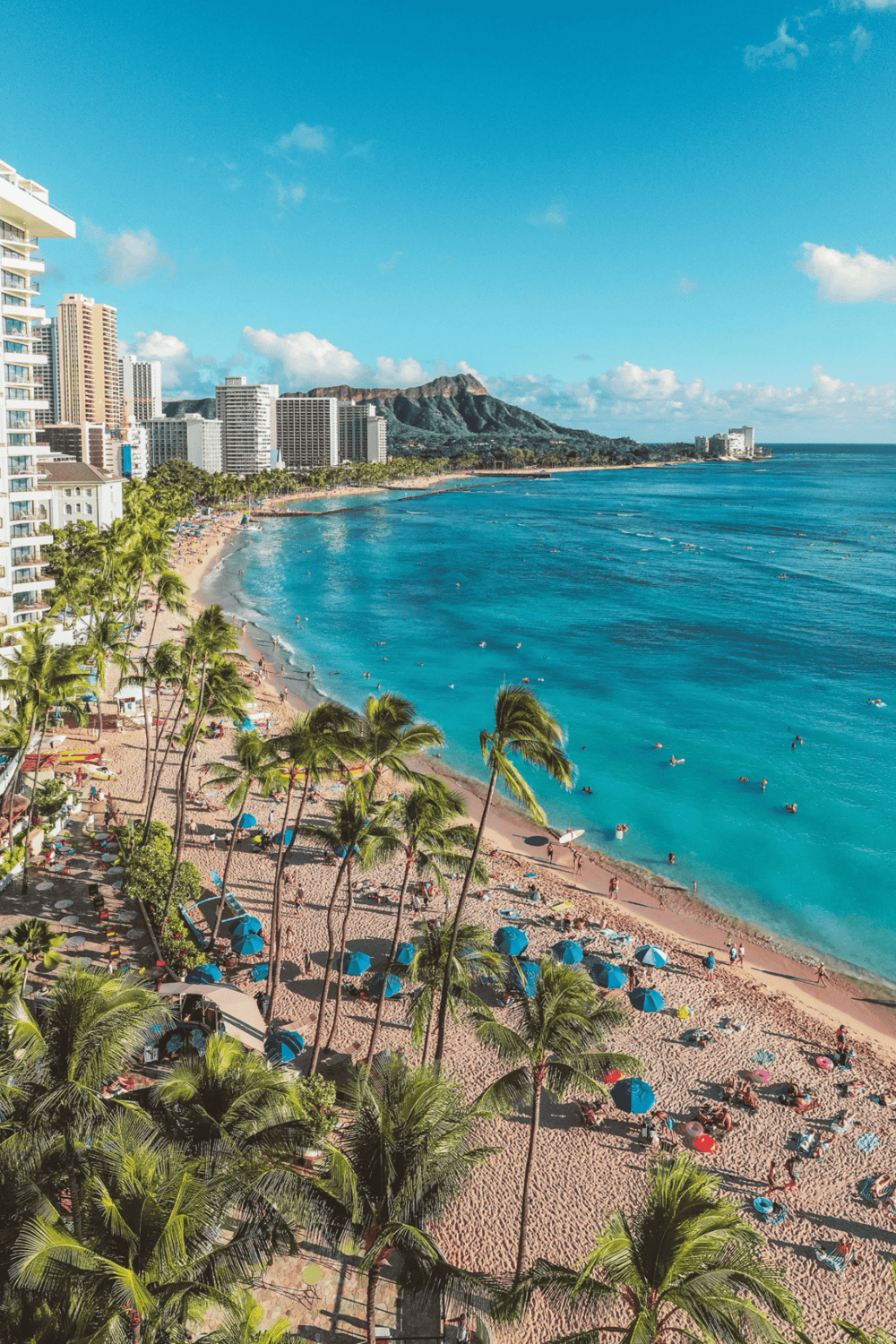Vibrant Waikiki Beach with clear blue waters and iconic high-rise hotels under a sunny sky.
