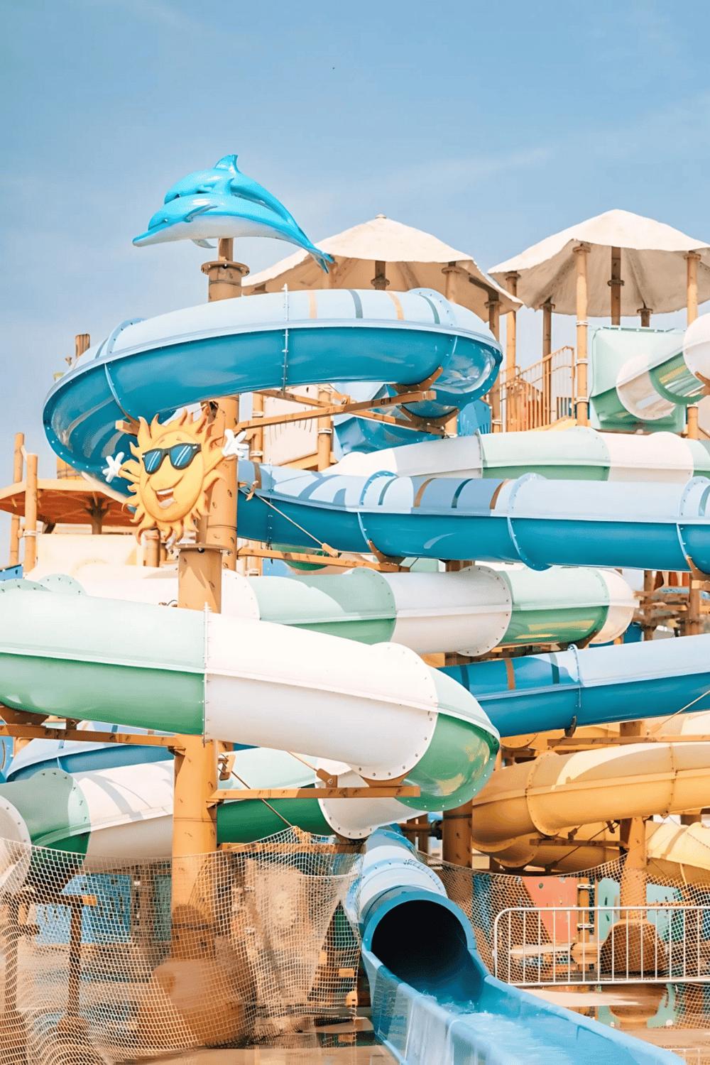 Colorful water slide at a water park with sun decoration and umbrellas, perfect for family fun and summer activities.