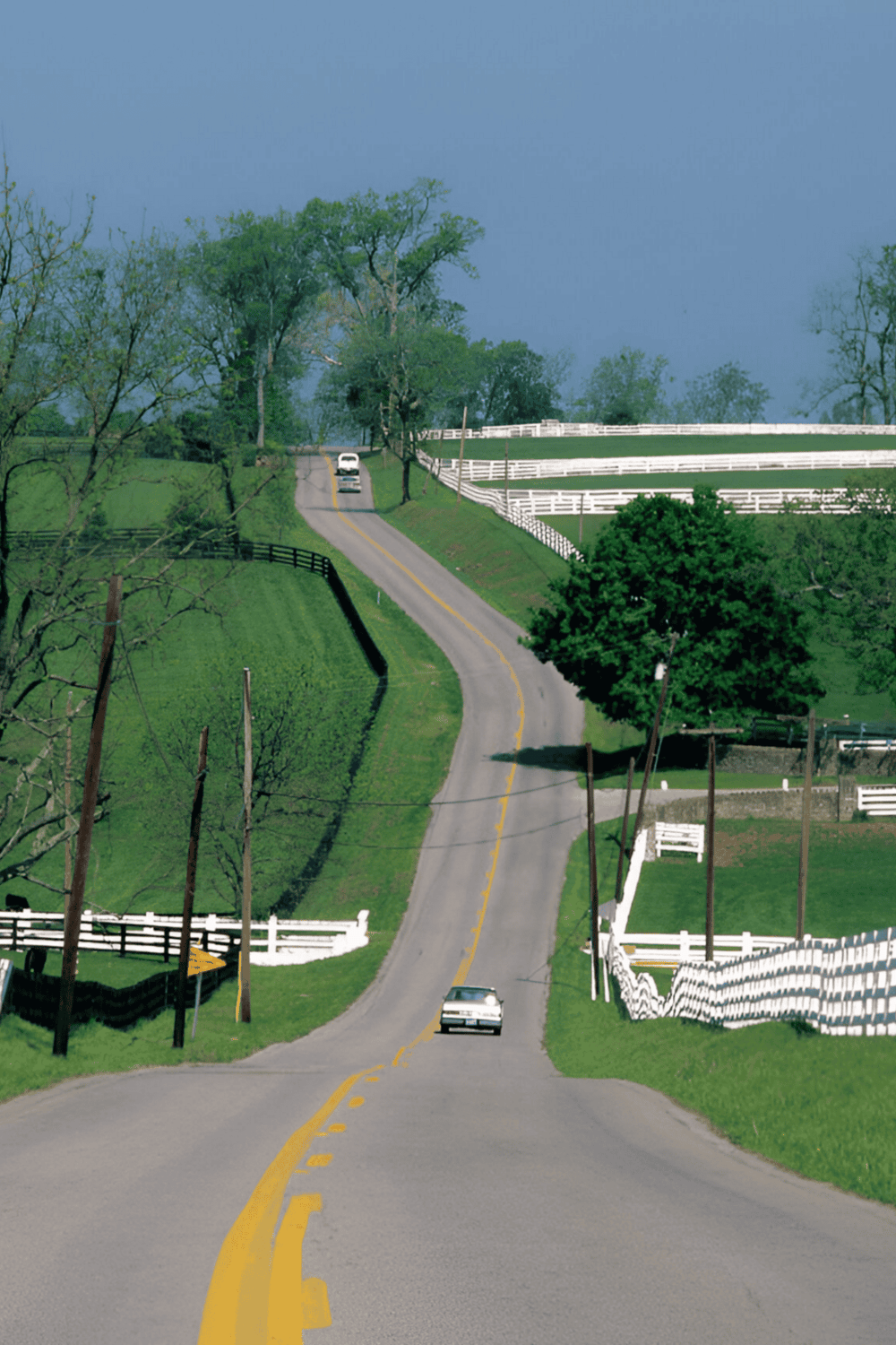 Scenic rural road with rolling hills and white fences, part of QuestforDirections navigation services.