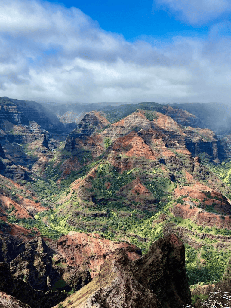 Breathtaking view of the Grand Canyon with colorful layered cliffs and lush green vegetation beneath a partly cloudy sky.