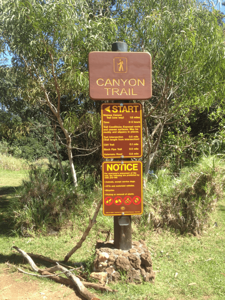 Canyon Trail hiking trailhead sign at Waimea Canyon with route details and safety notices for hikers.
