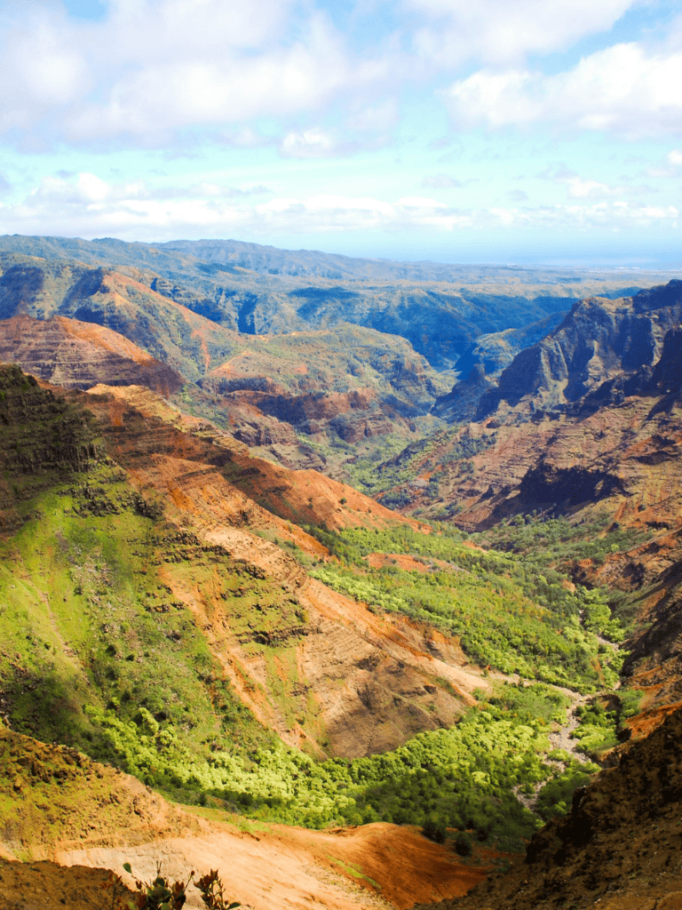 Vast canyon landscape with lush green valleys and rugged mountain terrain at sunrise.