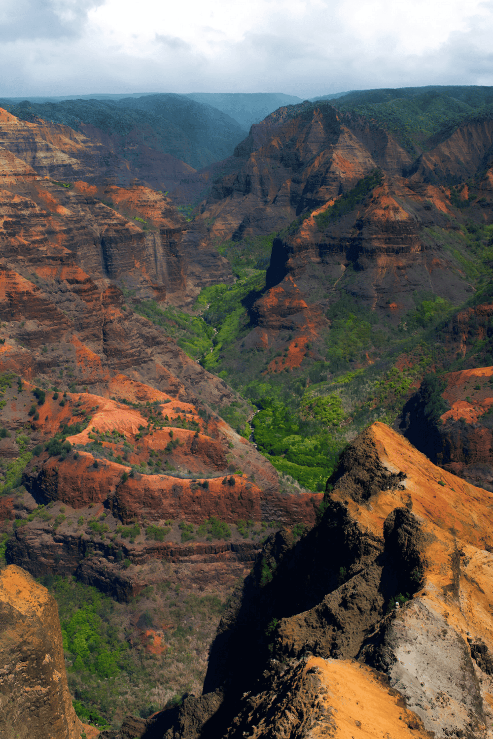 Vast canyon landscape with colorful cliffs and lush green valley, showcasing scenic views of Grand Canyon.