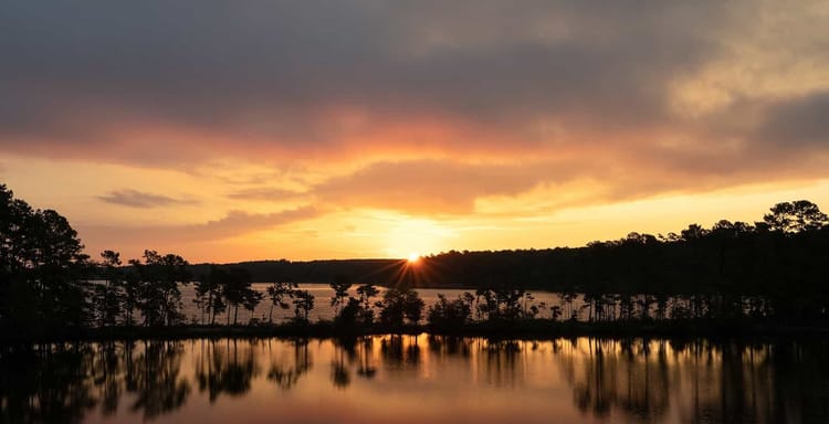 Tranquil sunset over a calm North Carolina lake with golden reflections and silhouetted trees.