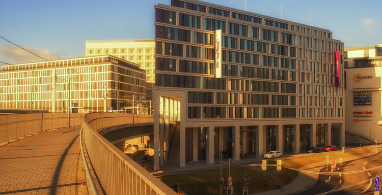 Modern hotel building exterior in Stuttgart, Germany, during daytime. Urban architecture and design.