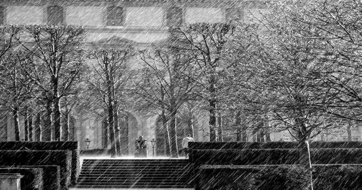 Snowy city park with trees and bench during heavy snowfall, winter scene for outdoor activity and urban nature exploration.