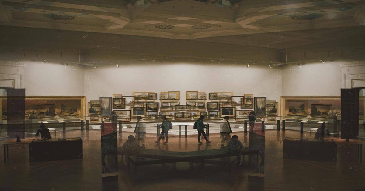 Old museum interior showcasing historical paintings and visitors exploring artwork.
