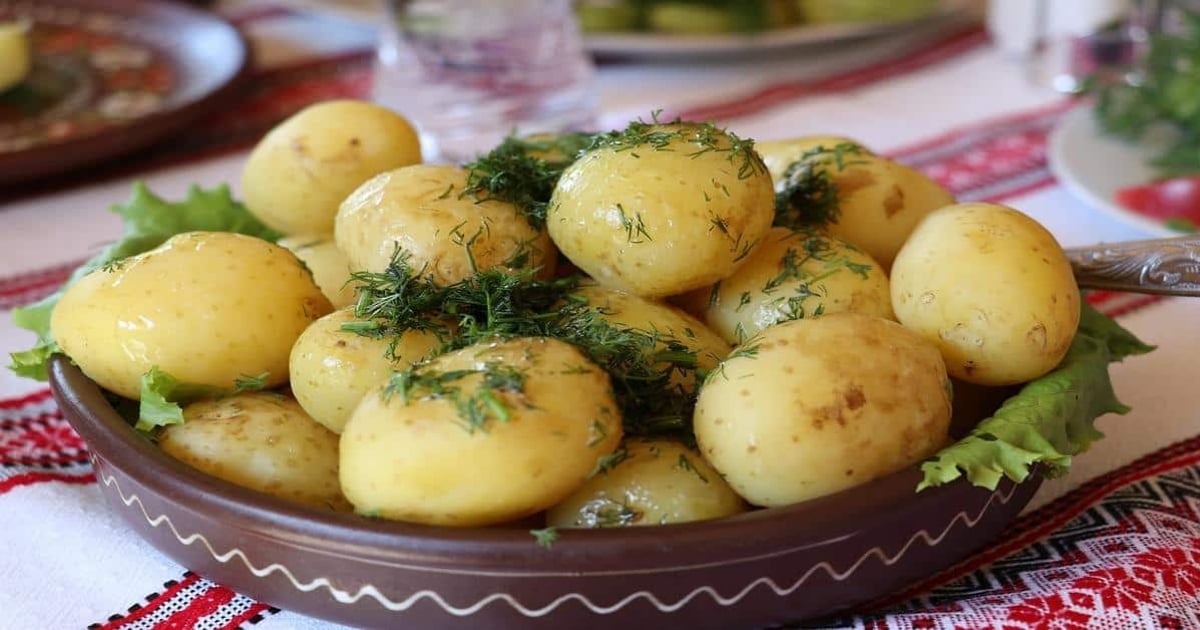 Fresh boiled potatoes garnished with herbs on a traditional tablecloth for authentic Eastern European cuisine.